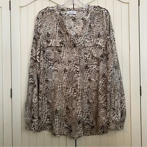 Calvin Klein Long Sleeve Blouse Snakeskin Print V-Neck Button Front Silky XL